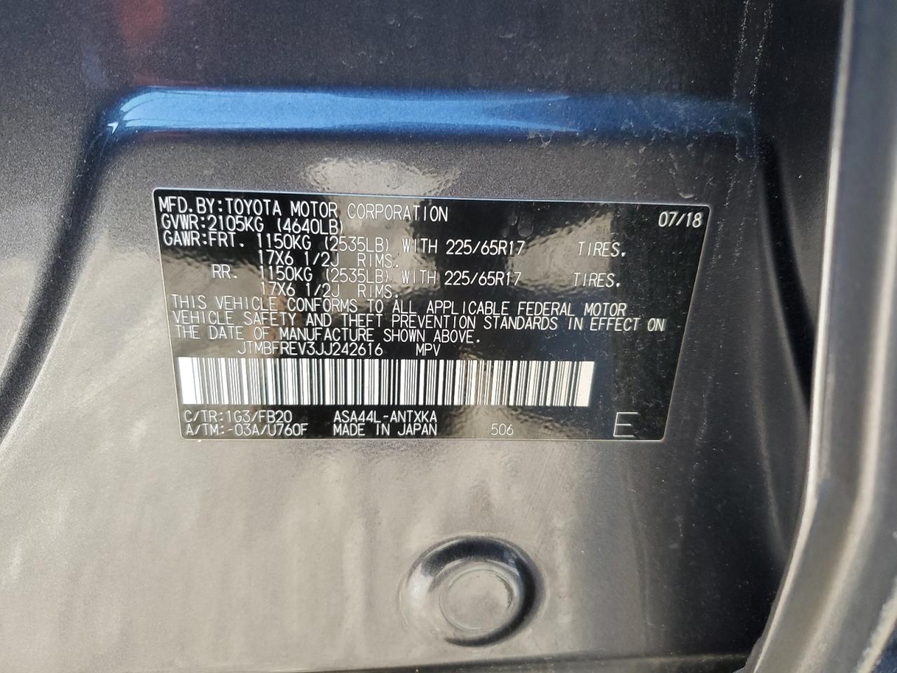 2018 Toyota RAV 4 VIN JTMBFREV3JJ242616 Copart auction photo, rear end damage thumbnail 13