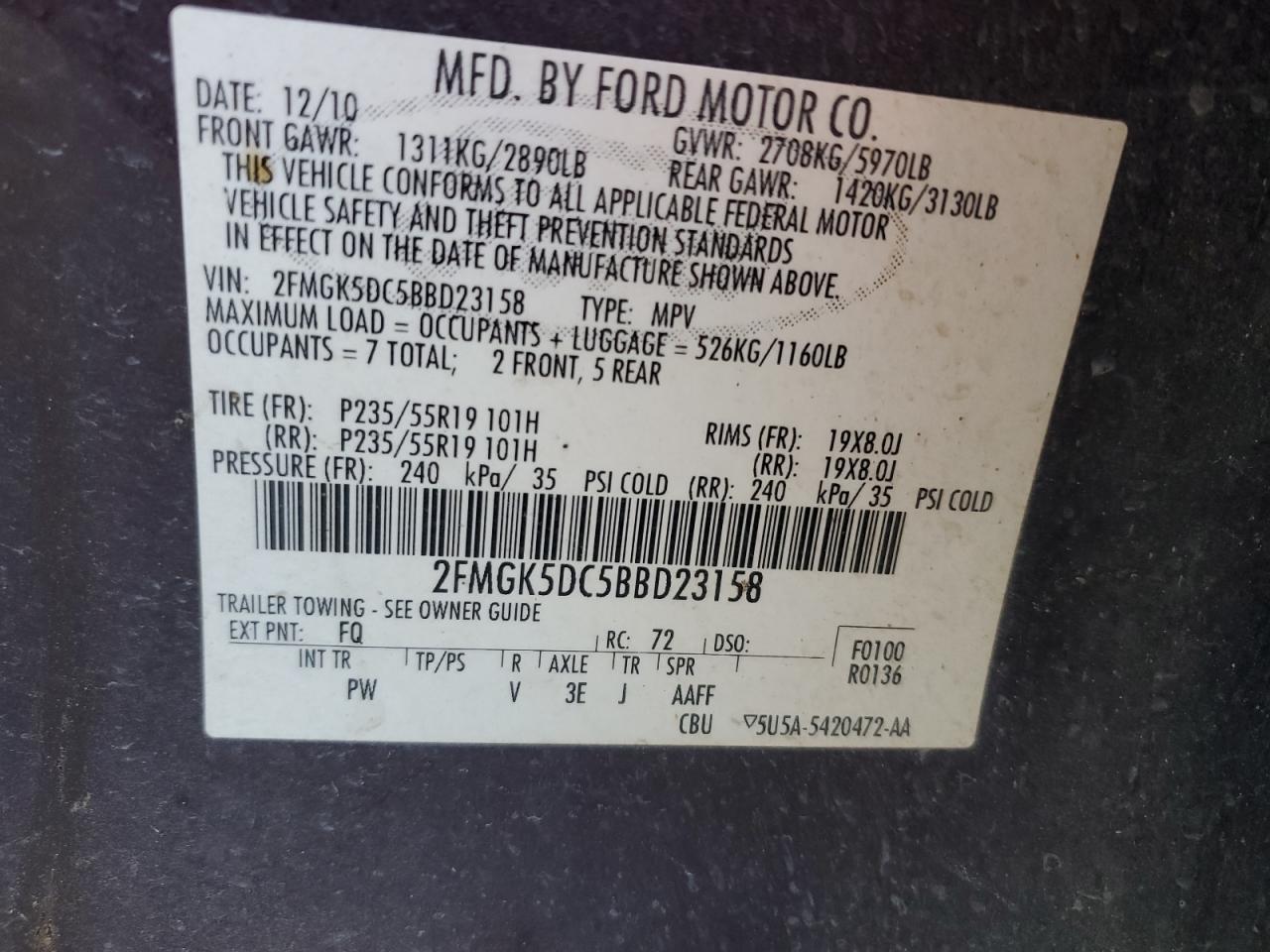 2011 Ford Flex VIN 2FMGK5DC5BBD23158 Copart auction photo, front end damage thumbnail 13