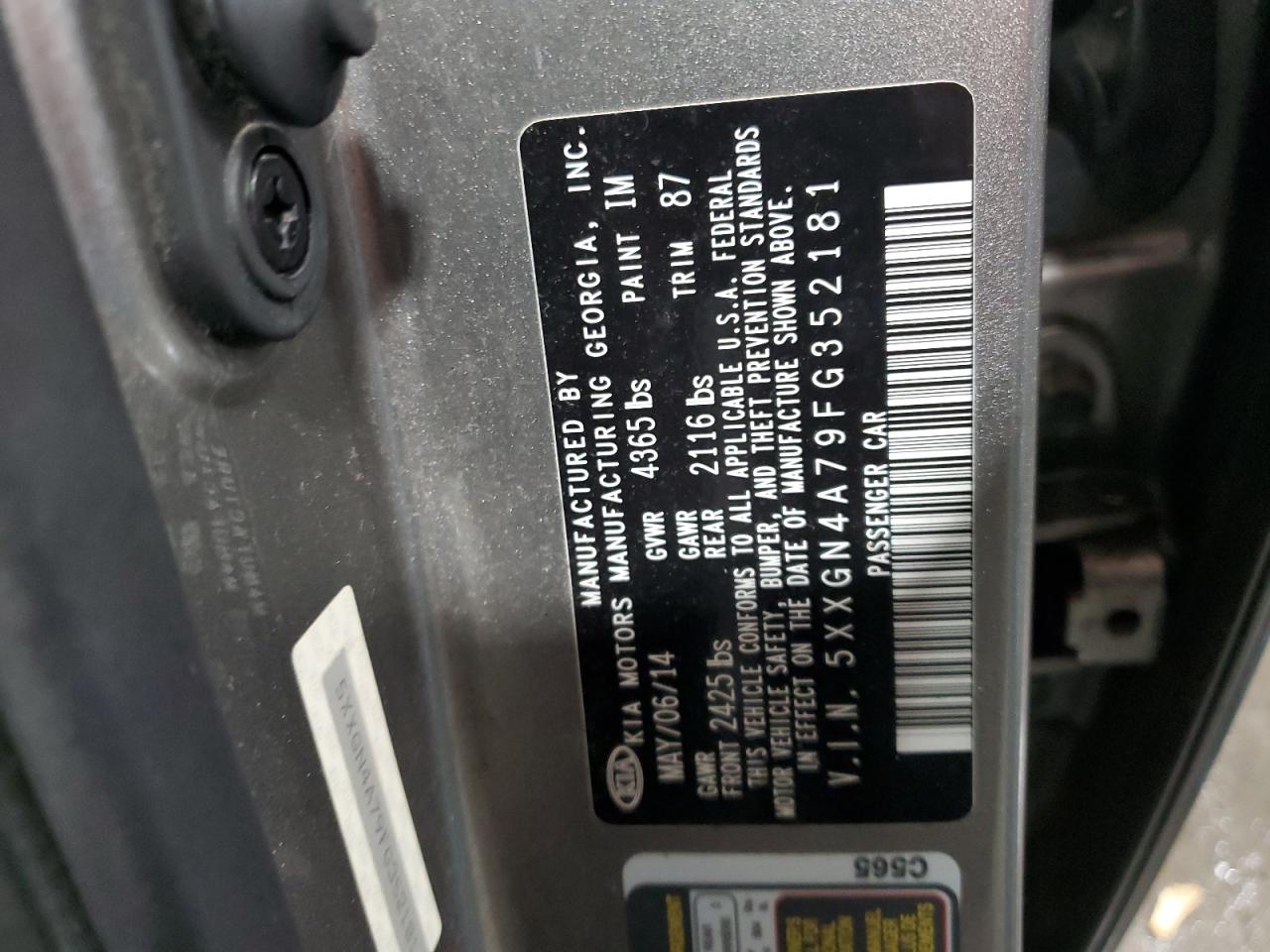 2015 KIA Optima VIN 5XXGN4A79FG352181 Copart auction photo, front end / side damage thumbnail 13