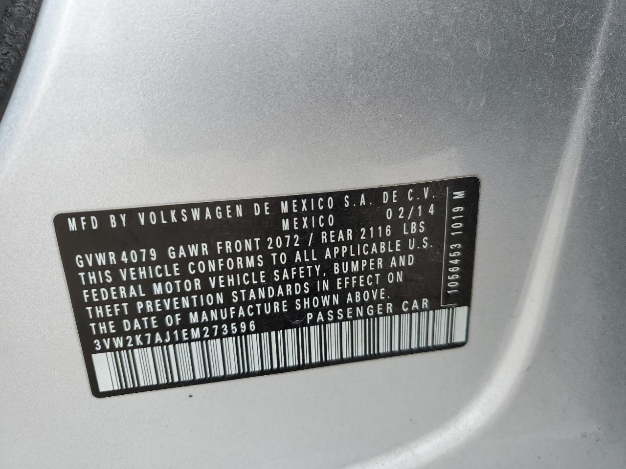 2014 Volkswagen Jetta VIN 3VW2K7AJ1EM273596 Copart auction photo, mechanical damage thumbnail 12