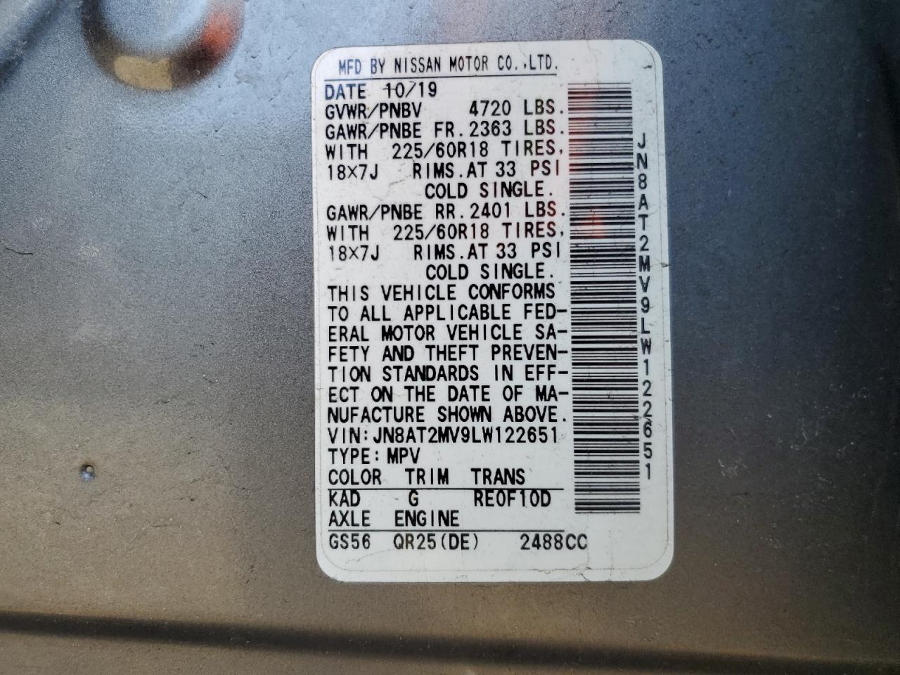 2020 Nissan Rogue VIN JN8AT2MV9LW122651 Copart auction photo, front end damage thumbnail 16