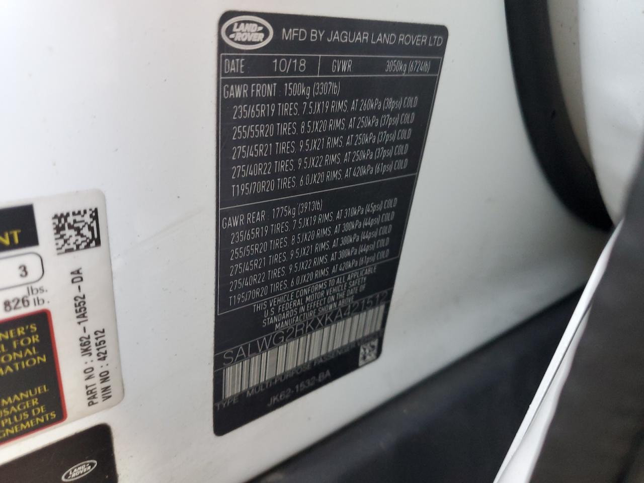 2019 Land Rover Range Rover VIN SALWG2RKXKA421512 Copart auction photo, front end / undercarriage damage thumbnail 16
