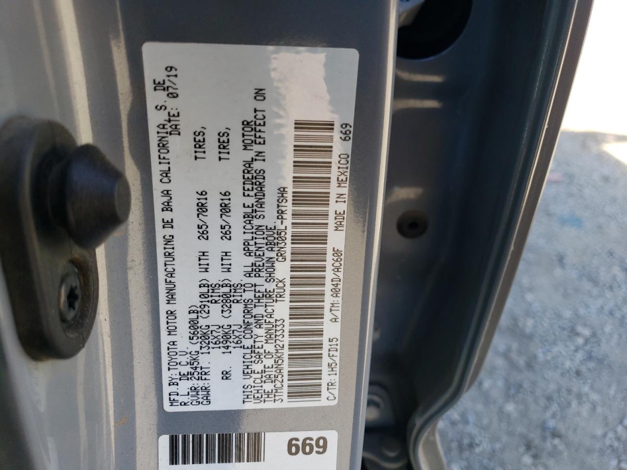 2019 Toyota Tacoma VIN 3TMCZ5AN5KM273333 Copart auction photo, all over damage thumbnail 13
