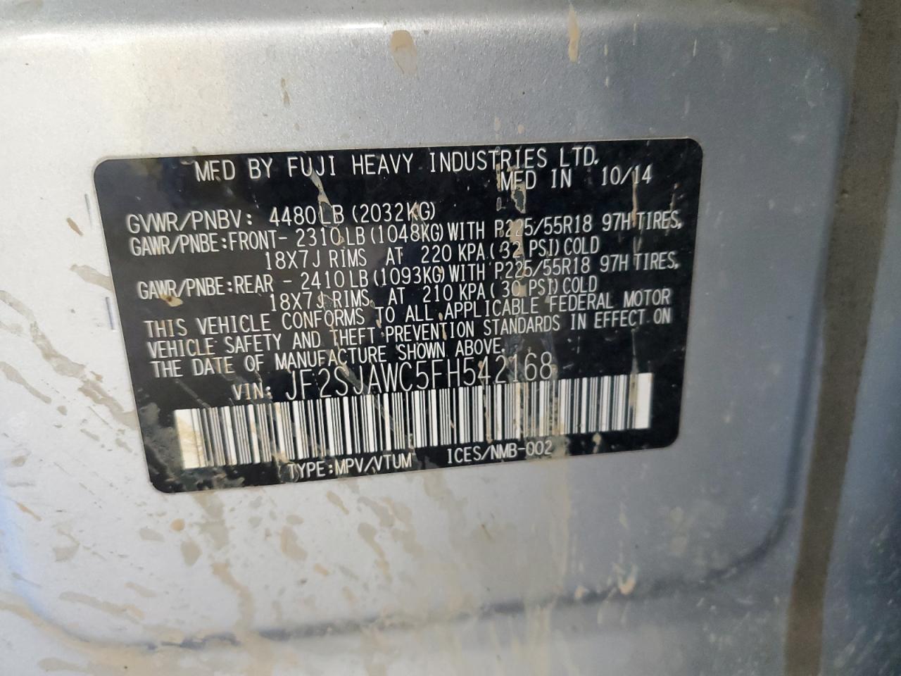2015 Subaru Forester VIN JF2SJAWC5FH542168 Copart auction photo, all over / top/roof damage thumbnail 13