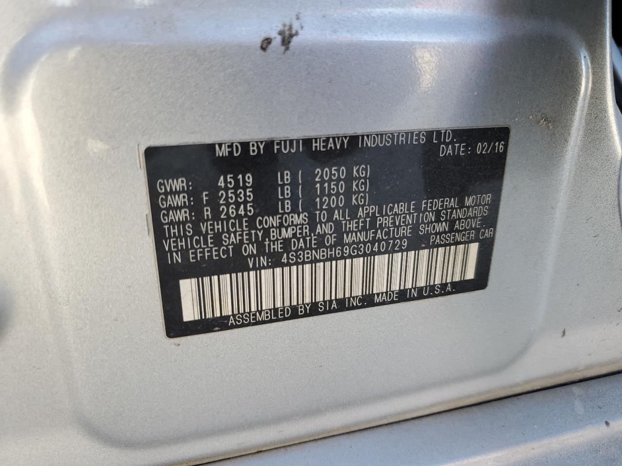 2016 Subaru Legacy VIN 4S3BNBH69G3040729 Copart auction photo, all over damage thumbnail 12