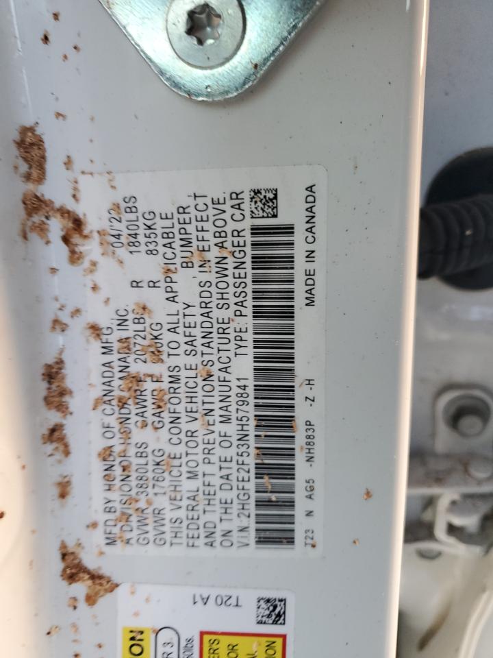 2022 Honda Civic VIN 2HGFE2F53NH579841 Copart auction photo, top/roof / rear end damage thumbnail 12