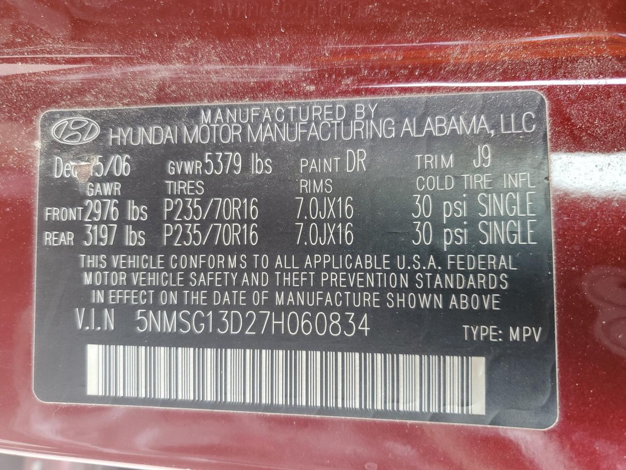 2007 Hyundai Santa Fe VIN 5NMSG13D27H060834 Copart auction photo, front end / side damage thumbnail 14
