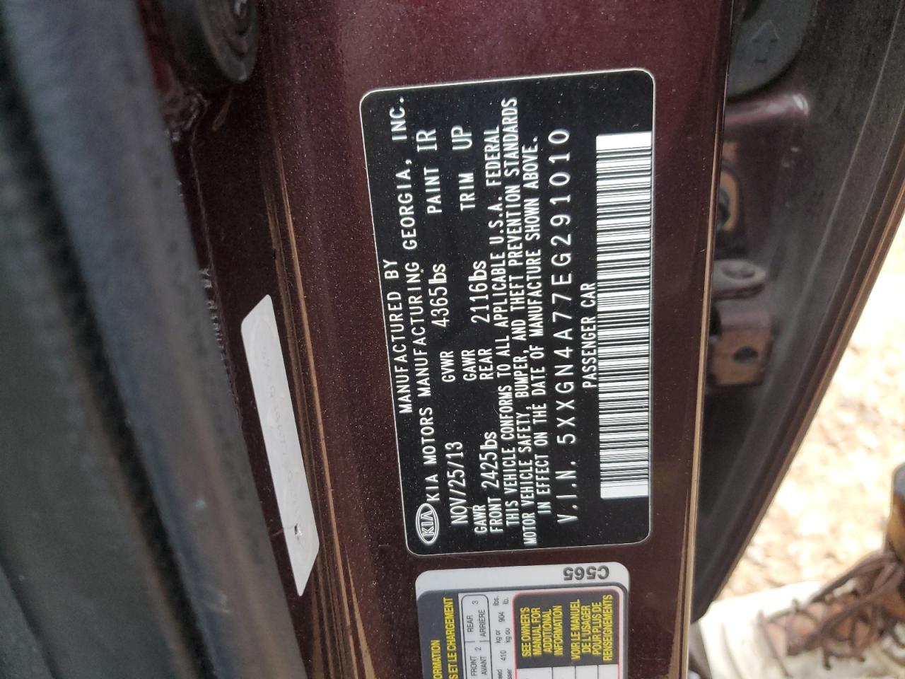 2014 KIA Optima VIN 5XXGN4A77EG291010 Copart auction photo, all over damage thumbnail 13