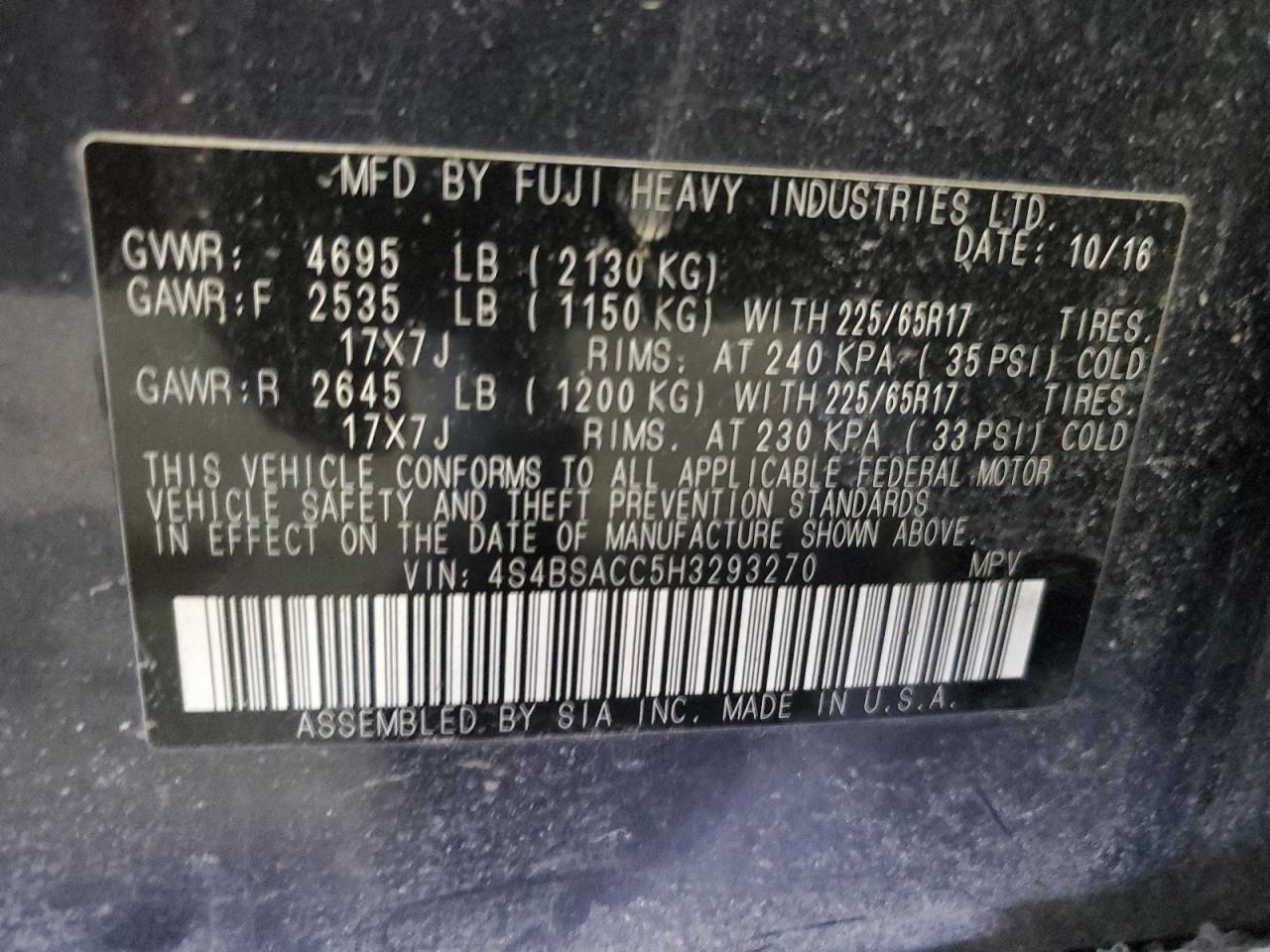 2017 Subaru Outback VIN 4S4BSACC5H3293270 Copart auction photo, front end / side damage thumbnail 14