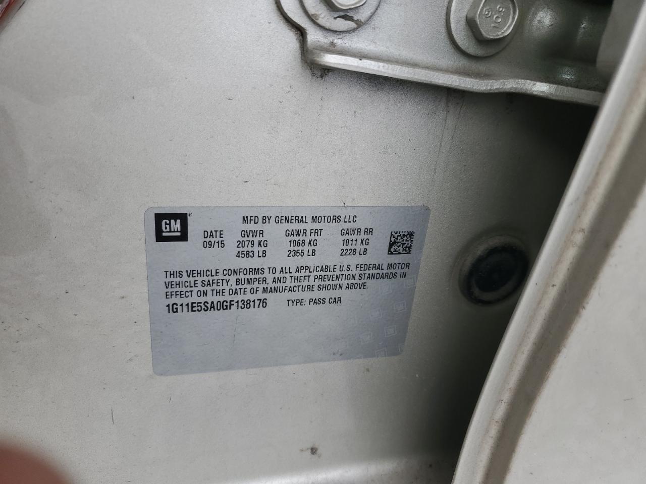 2016 Chevrolet Malibu VIN 1G11E5SA0GF138176 Copart auction photo, rear end damage thumbnail 14