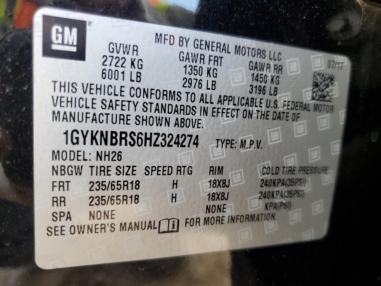 2017 Cadillac XT5 VIN 1GYKNBRS6HZ324274 Copart auction photo, side / undercarriage damage thumbnail 13
