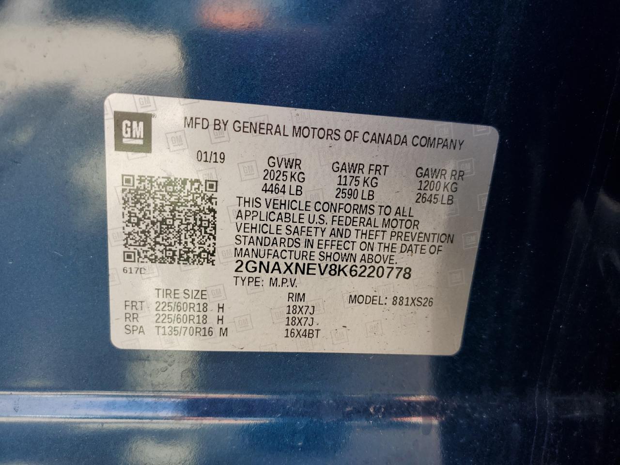 2019 Chevrolet Equinox VIN 2GNAXNEV8K6220778 Copart auction photo, side / rear end damage thumbnail 14