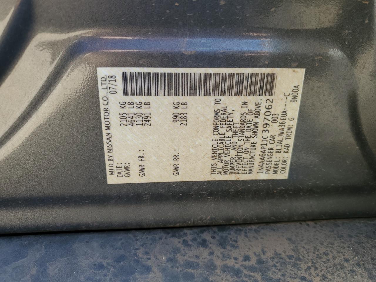 2018 Nissan Maxima VIN 1N4AA6AP1JC397062 Copart auction photo, front end / normal wear damage thumbnail 13
