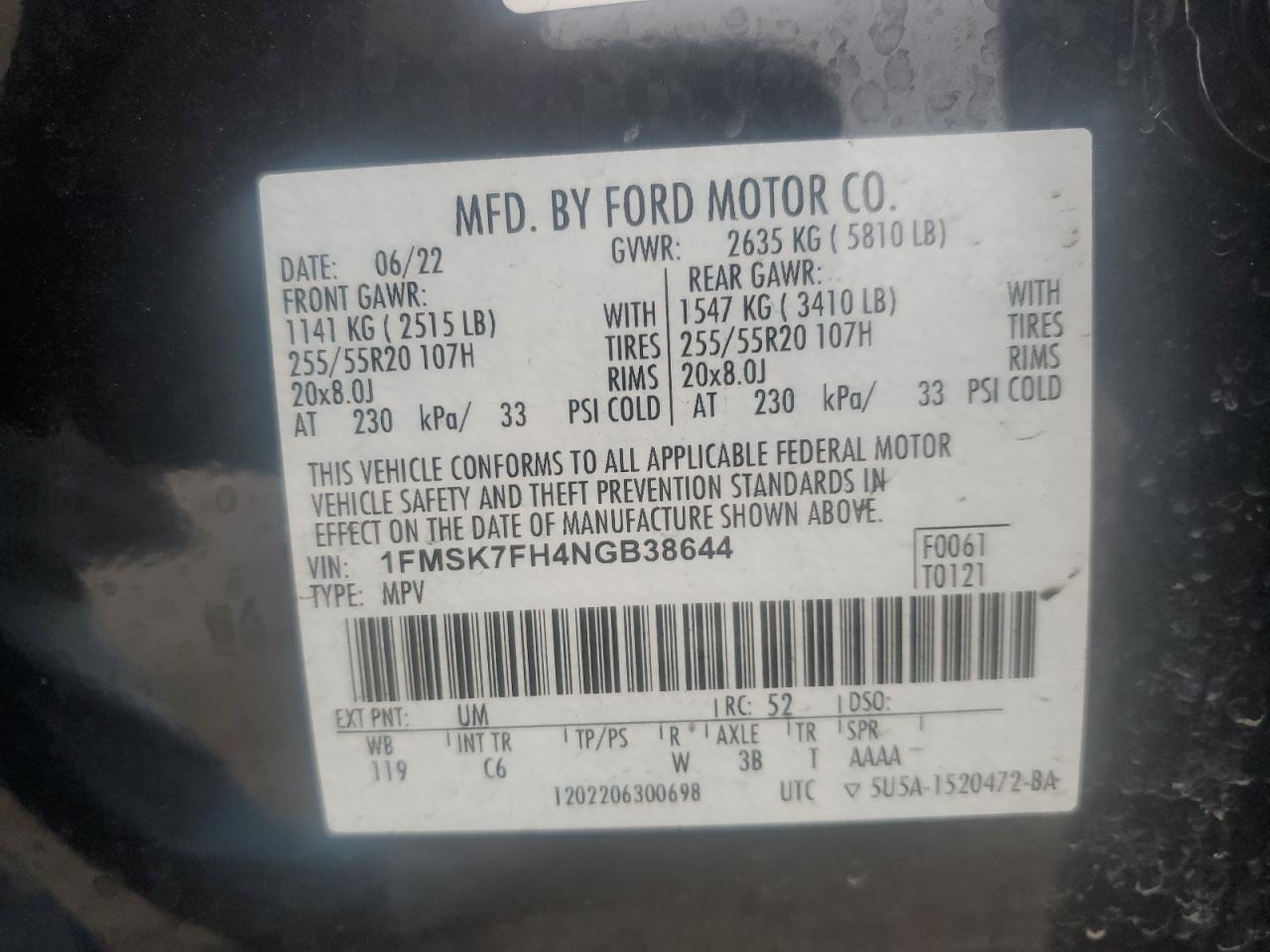 2022 Ford Explorer VIN 1FMSK7FH4NGB38644 Copart auction photo, side damage thumbnail 15