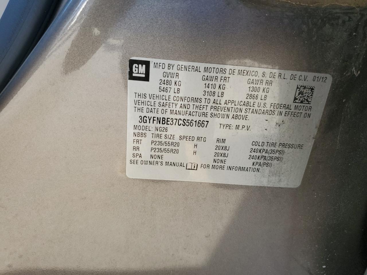 2012 Cadillac SRX VIN 3GYFNBE37CS561667 Copart auction photo, front end / minor dent/scratches damage thumbnail 13