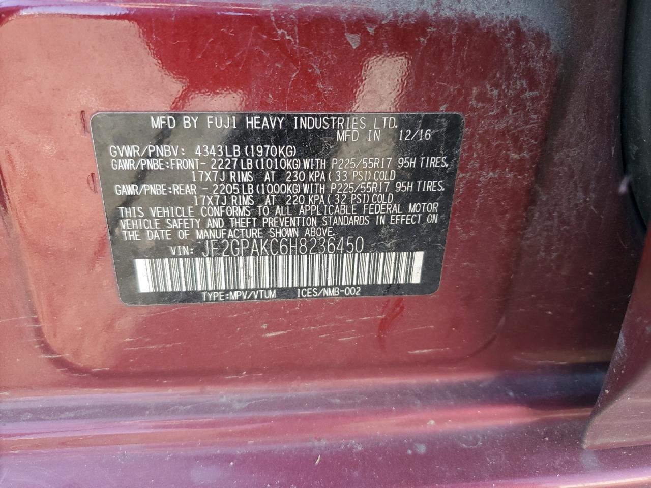 2017 Subaru XV VIN JF2GPAKC6H8236450 Copart auction photo, front end / side damage thumbnail 15