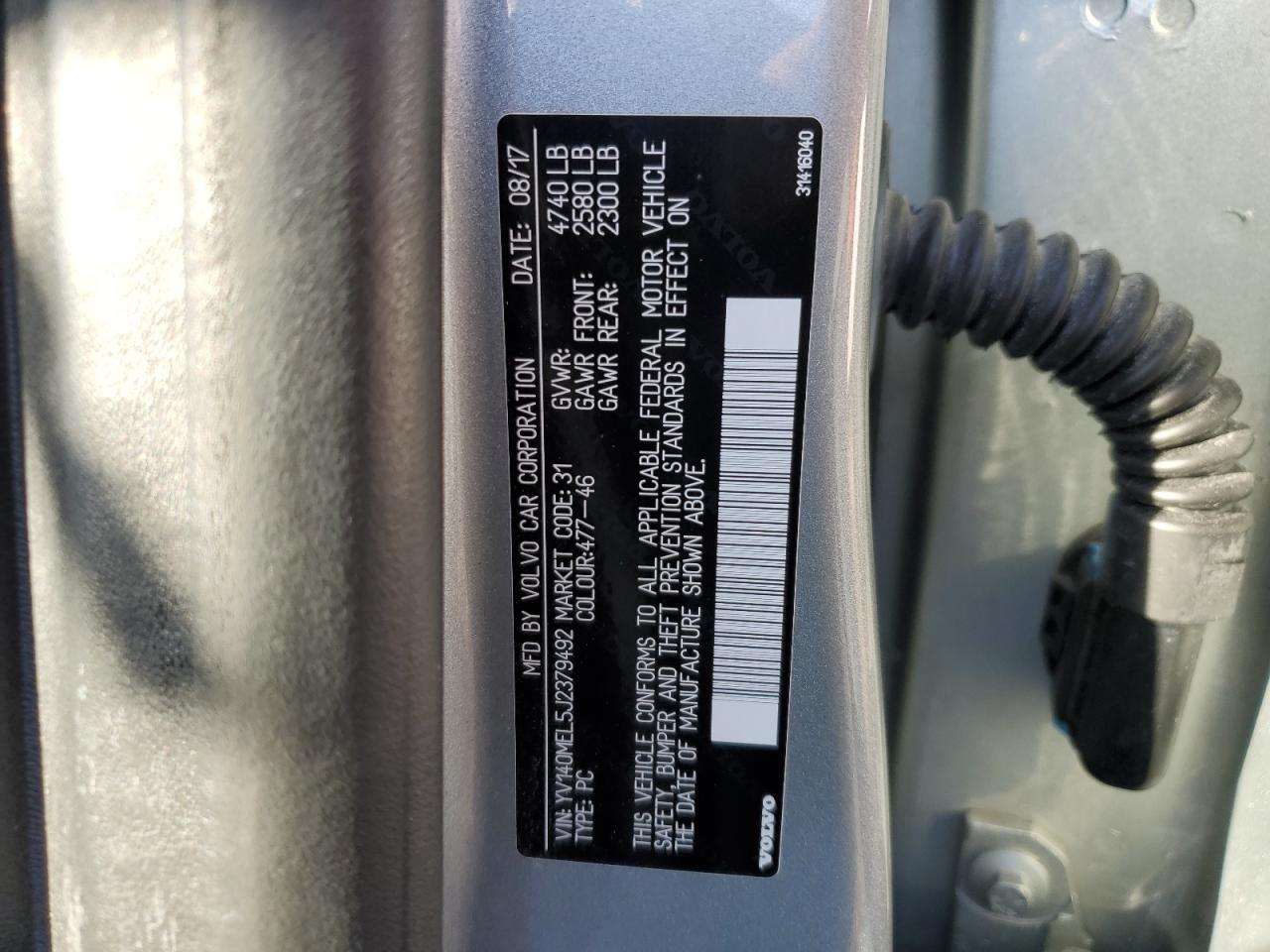 2018 Volvo V60 VIN YV140MEL5J2379492 Copart auction photo, front end damage thumbnail 15