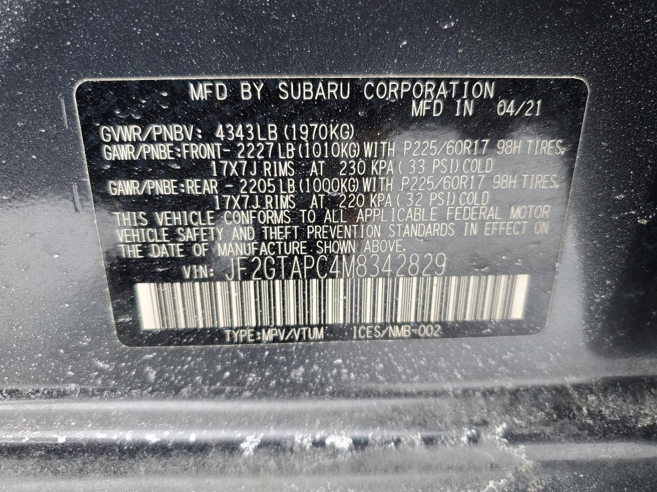 2021 Subaru XV VIN JF2GTAPC4M8342829 Copart auction photo, front end / rear end damage thumbnail 13