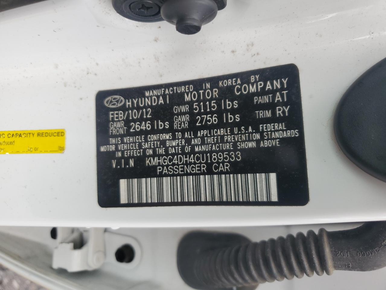 2012 Hyundai Genesis VIN KMHGC4DH4CU189533 Copart auction photo, front end damage thumbnail 14