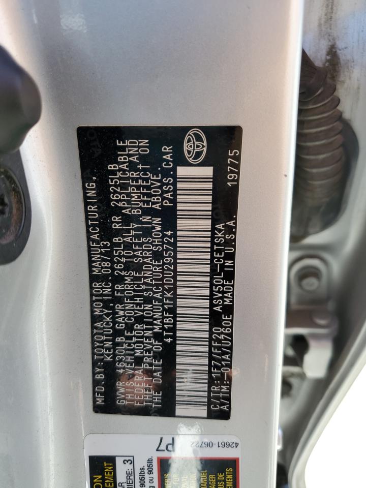 2013 Toyota Camry VIN 4T1BF1FK1DU295724 Copart auction photo, rear end damage thumbnail 14