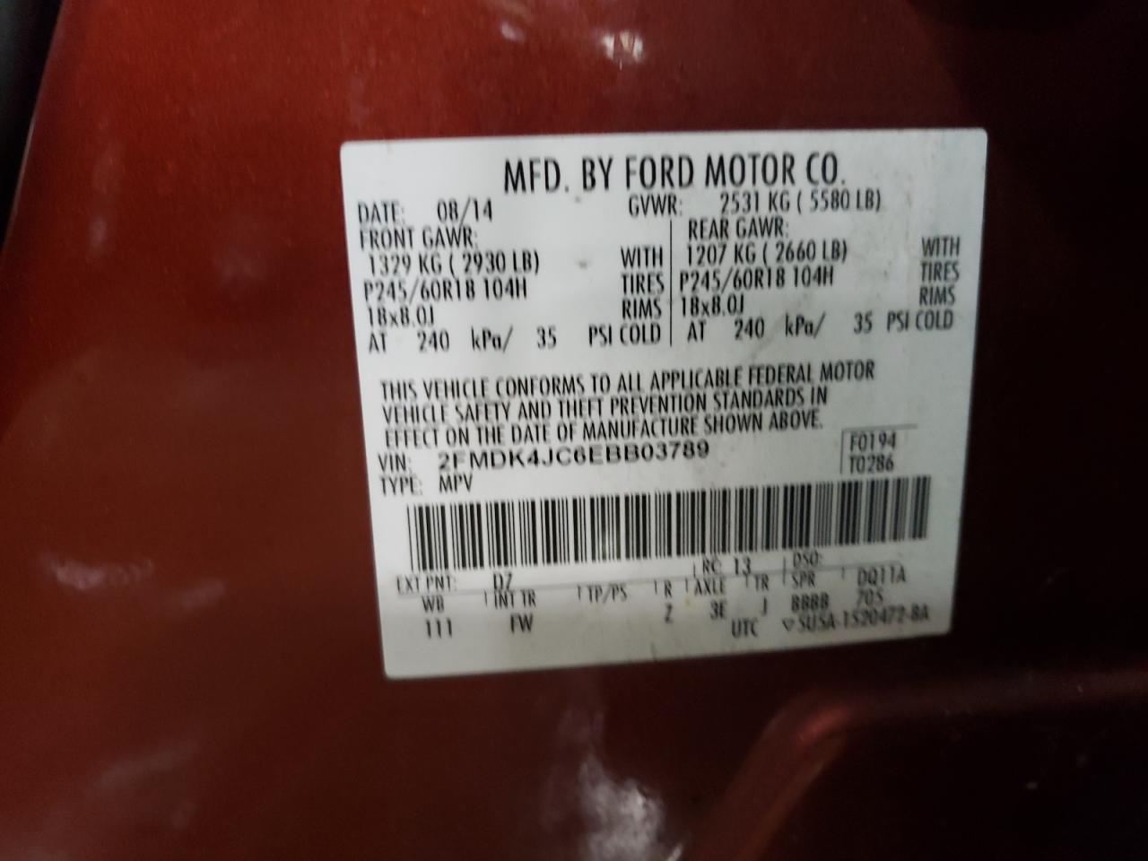 2014 Ford Edge VIN 2FMDK4JC6EBB03789 Copart auction photo, all over damage thumbnail 13