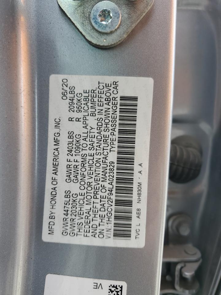 2020 Honda Accord VIN 1HGCV2F94LA023829 Copart auction photo, side damage thumbnail 14