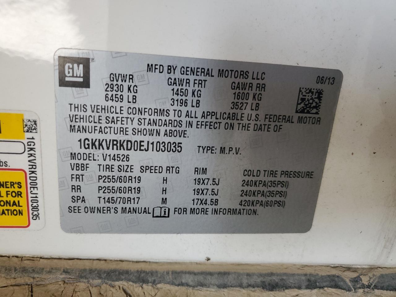 2014 GMC Acadia VIN 1GKKVRKD0EJ103035 Copart auction photo, water/flood damage thumbnail 12