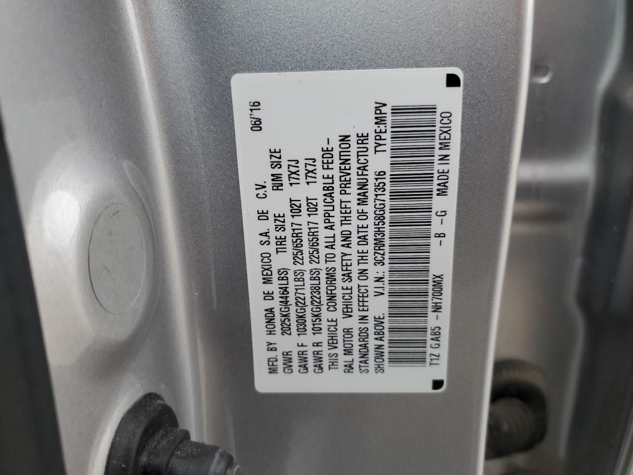 2016 Honda CR-V VIN 3CZRM3H58GG713516 Copart auction photo, front end damage thumbnail 13