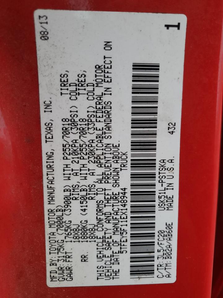 2014 Toyota Tundra VIN 5TFEY5F11EX148944 Copart auction photo, rear end / minor dent/scratches damage thumbnail 14