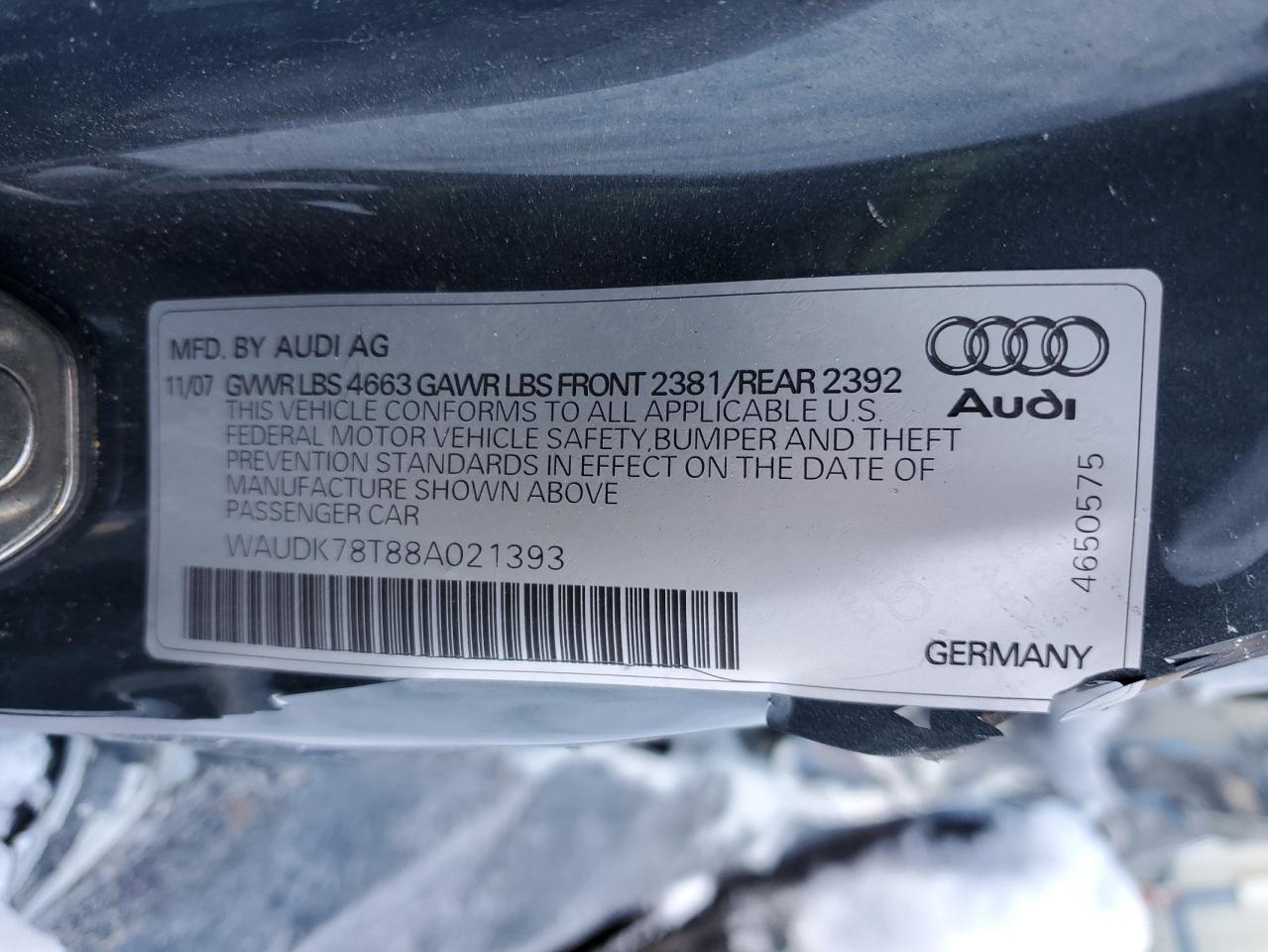 2008 Audi A5 VIN WAUDK78T88A021393 Copart auction photo, rear end / side damage thumbnail 14