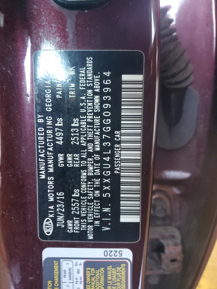 2016 KIA Optima VIN 5XXGU4L37GG093964 Copart auction photo, vandalism / front end damage thumbnail 13