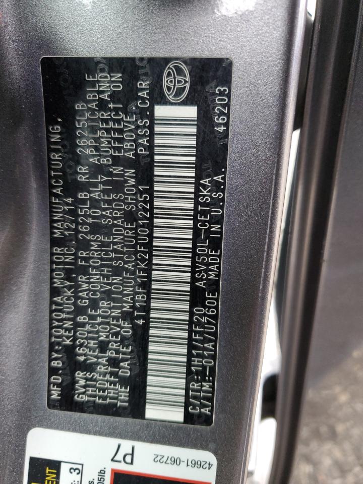 2015 Toyota Camry VIN 4T1BF1FK2FU012251 Copart auction photo, front end / side damage thumbnail 14