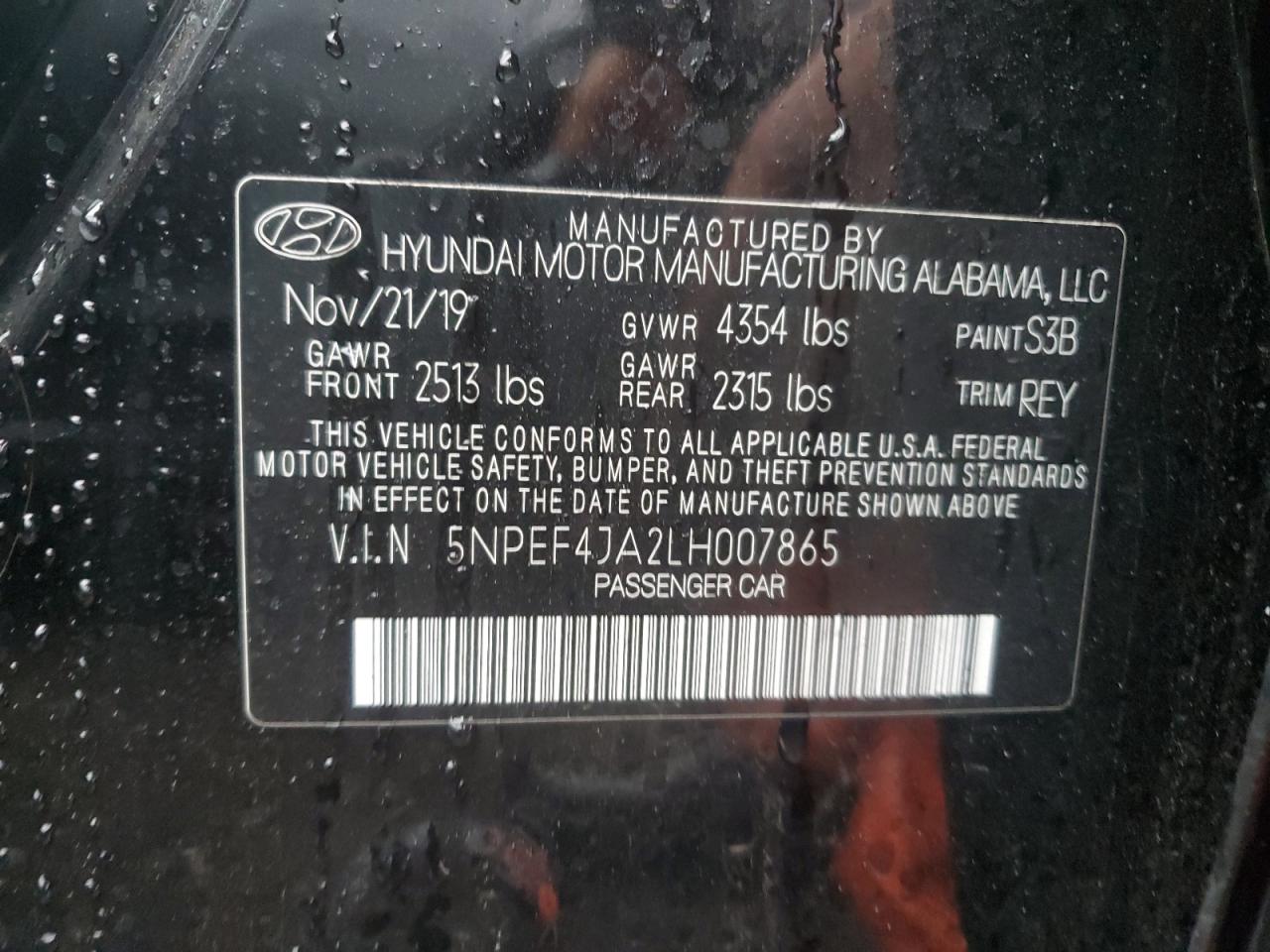 2020 Hyundai Sonata VIN 5NPEF4JA2LH007865 Copart auction photo, side / rear end damage thumbnail 13