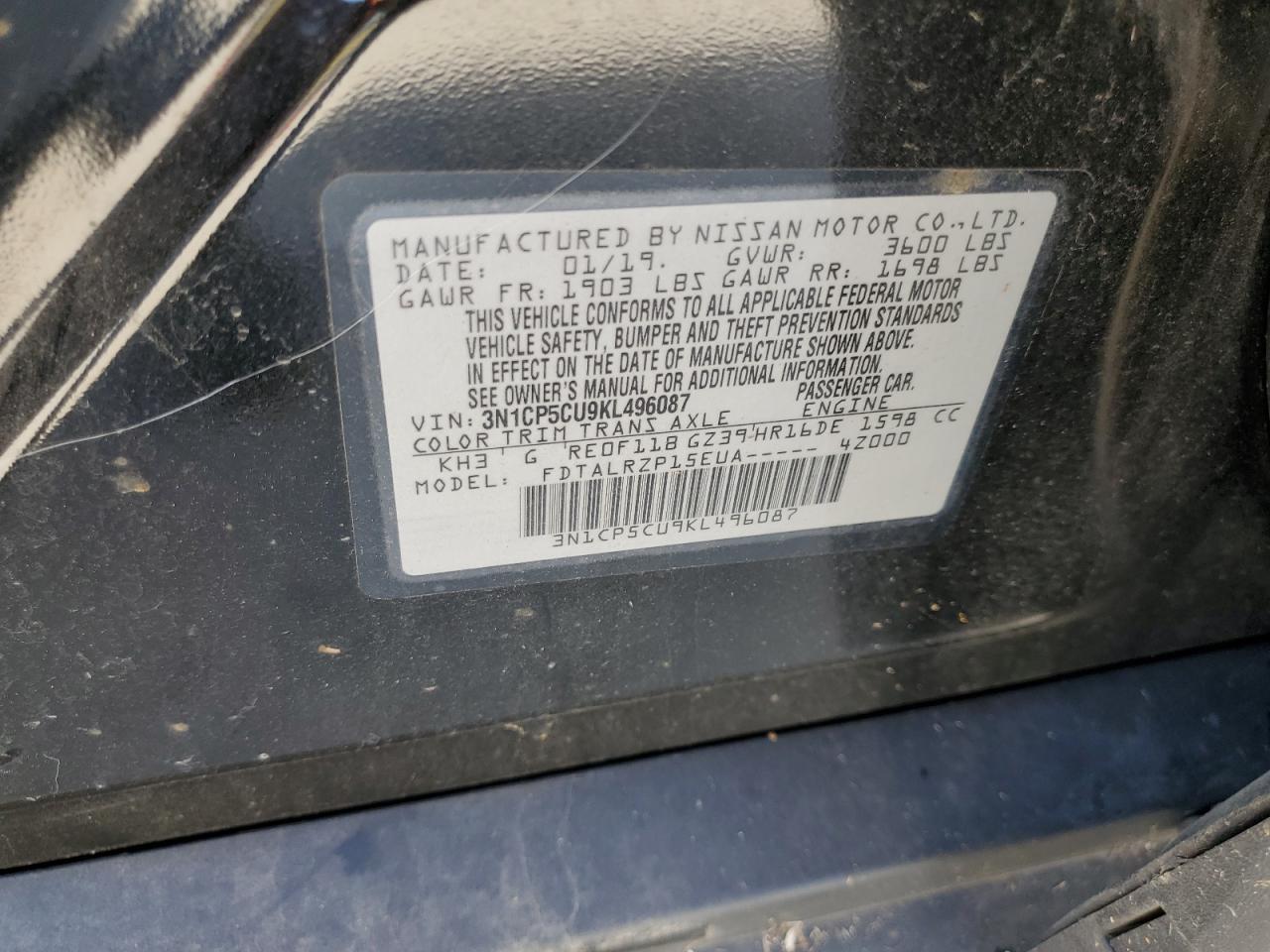 2019 Nissan Kicks VIN 3N1CP5CU9KL496087 Copart auction photo, front end damage thumbnail 13