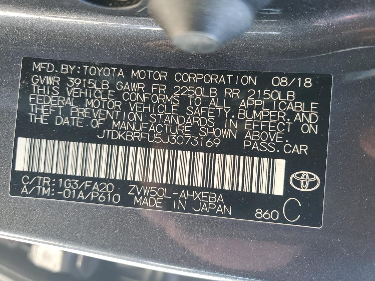 2018 Toyota Prius VIN JTDKBRFU5J3073169 Copart auction photo, front end / hail damage thumbnail 14