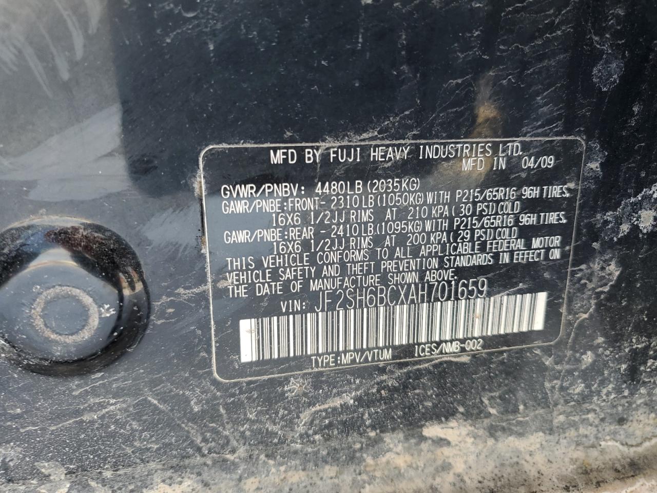 2010 Subaru Forester VIN JF2SH6BCXAH701659 Copart auction photo, mechanical / rear end damage thumbnail 12
