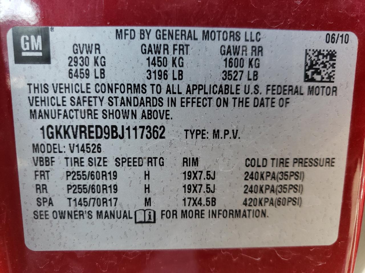 2011 GMC Acadia VIN 1GKKVRED9BJ117362 Copart auction photo, front end / side damage thumbnail 14