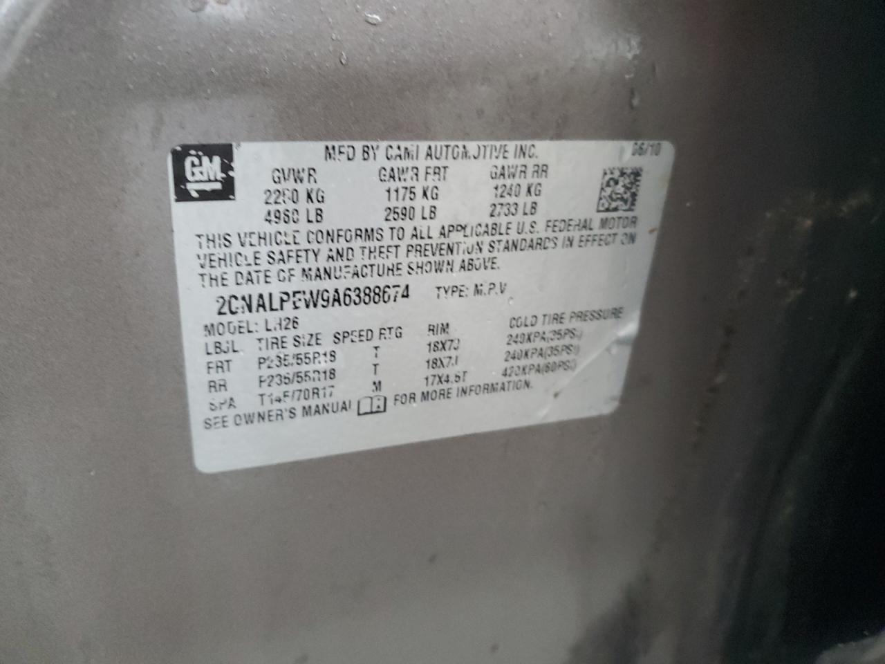 2010 Chevrolet Equinox VIN 2CNALPEW9A6388674 Copart auction photo, all over damage thumbnail 15