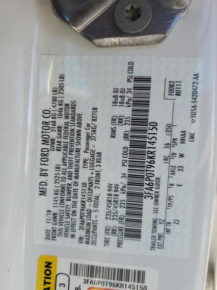 2019 Ford Fusion VIN 3FA6P0T96KR145150 Copart auction photo, front end damage thumbnail 12