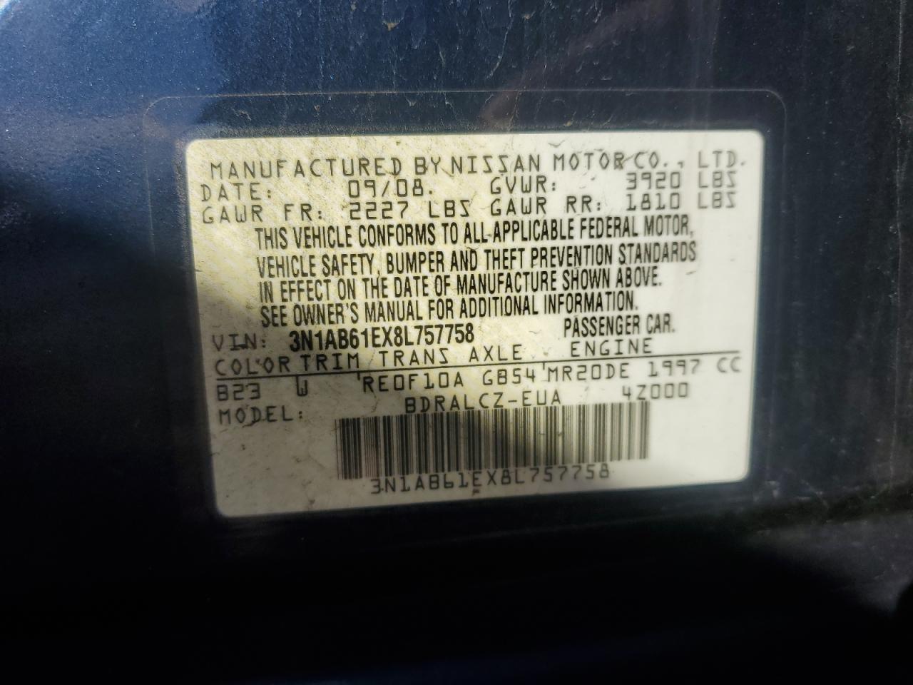 2008 Nissan Sentra VIN 3N1AB61EX8L757758 Copart auction photo, rear end damage thumbnail 12