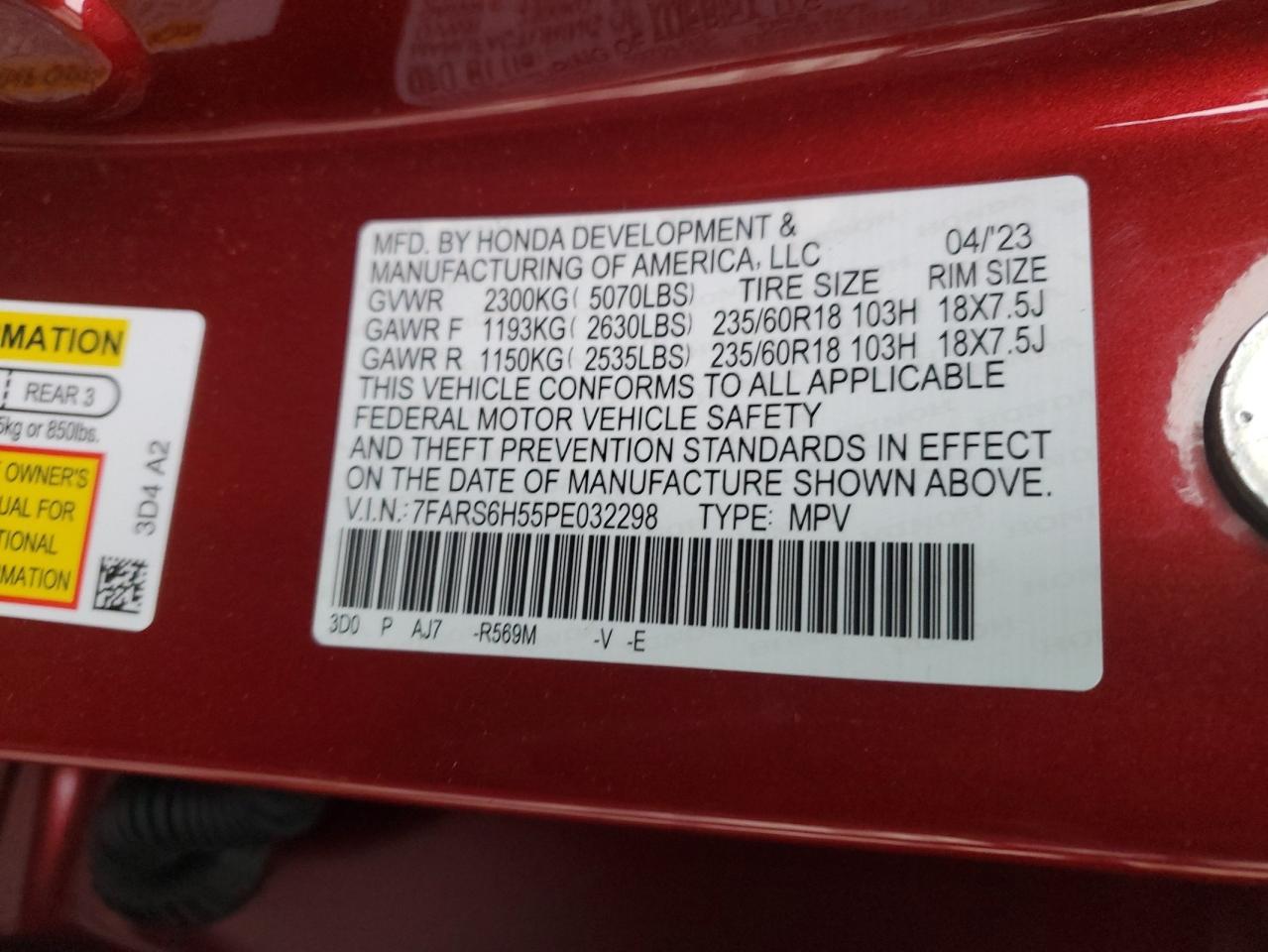 2023 Honda CR-V VIN 7FARS6H55PE032298 Copart auction photo, all over damage thumbnail 13
