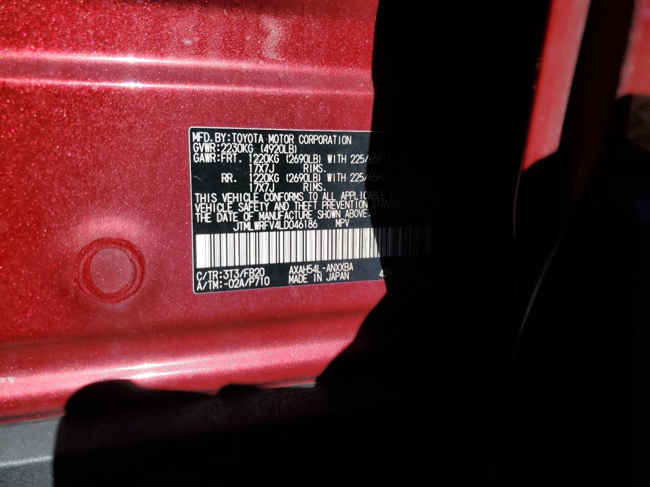 2020 Toyota RAV 4 VIN JTMLWRFV4LD046186 Copart auction photo, all over damage thumbnail 12