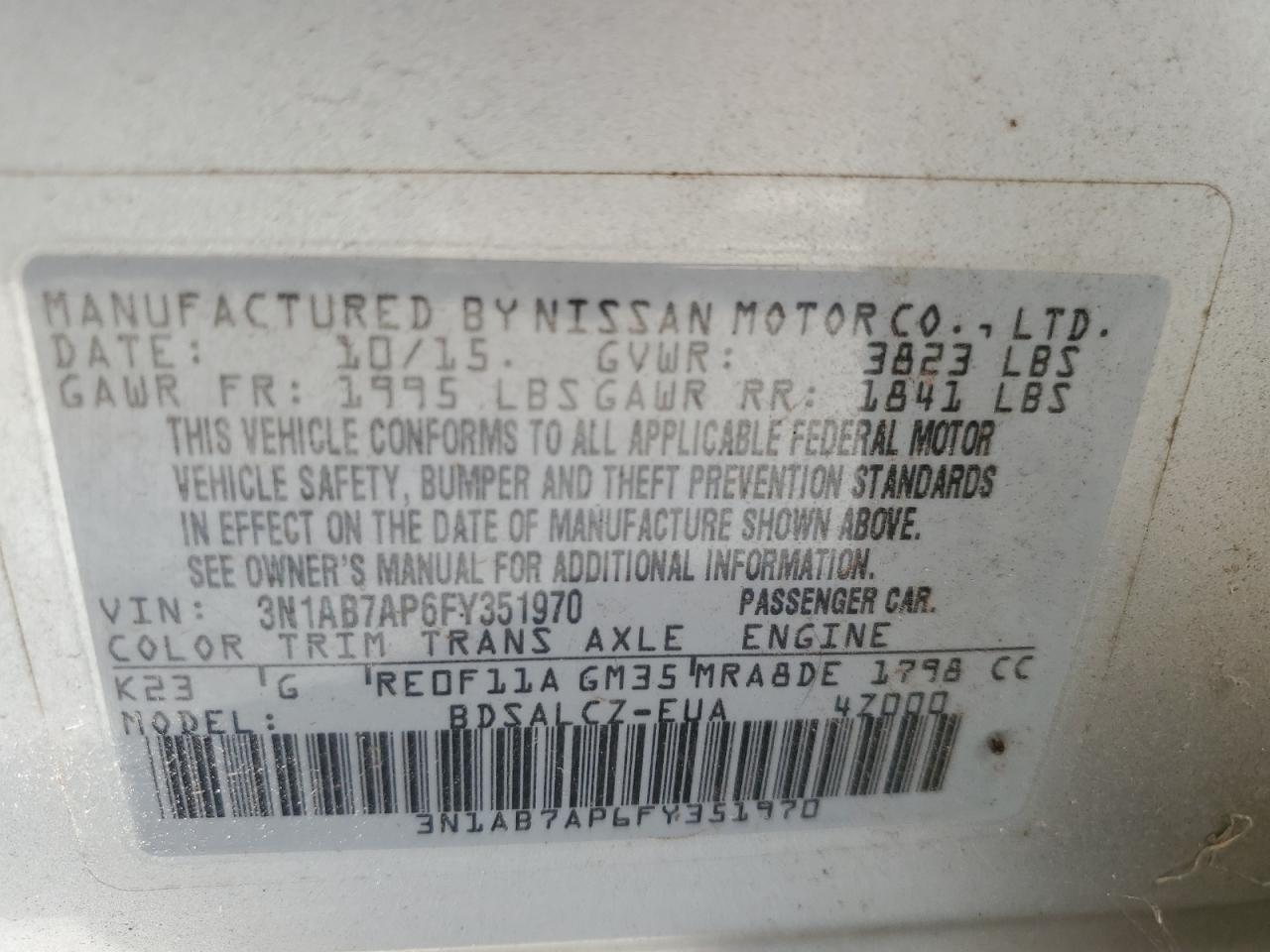 2015 Nissan Sentra VIN 3N1AB7AP6FY351970 Copart auction photo, front end damage thumbnail 13