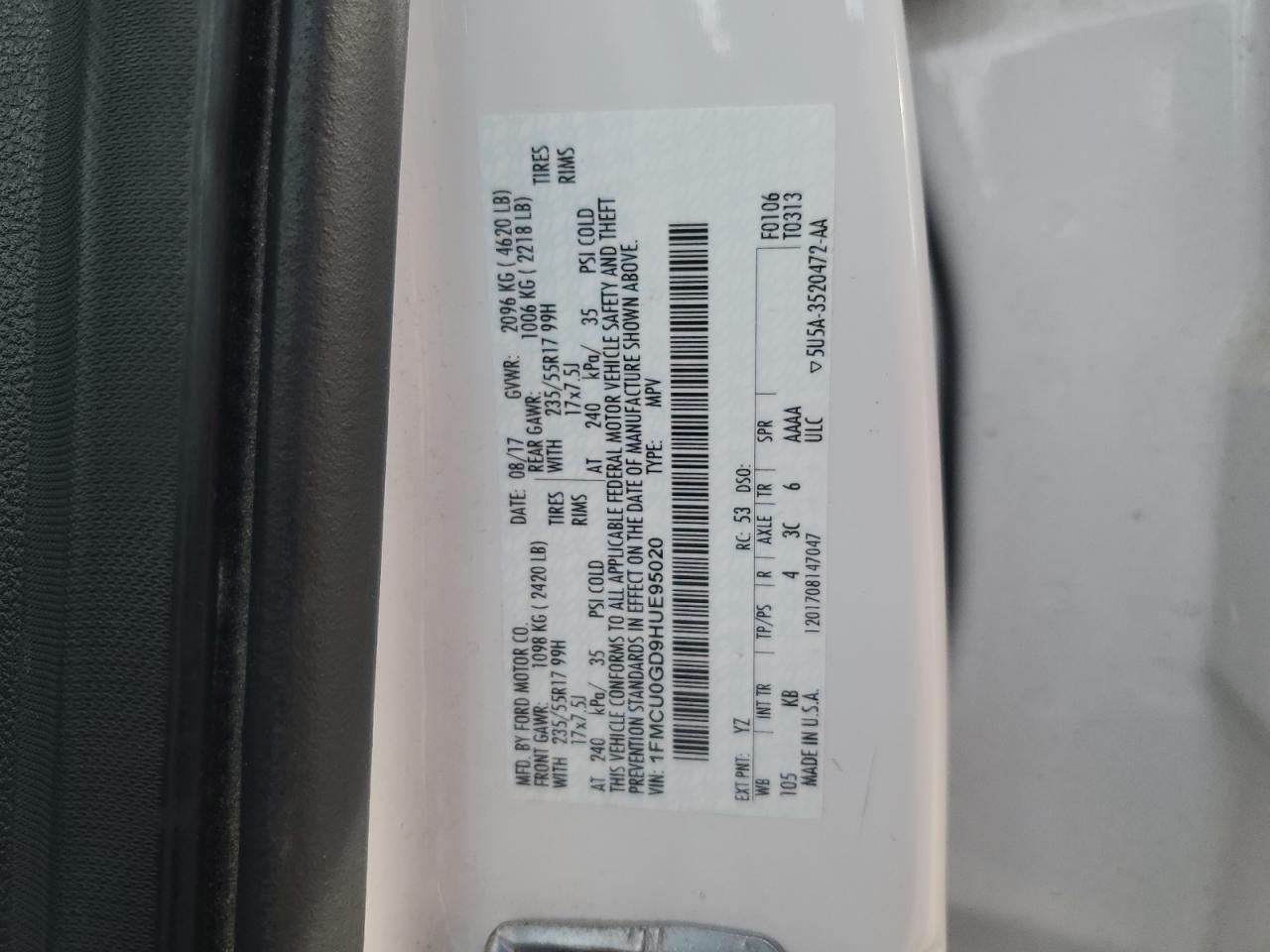 2017 Ford Escape VIN 1FMCU0GD9HUE95020 Copart auction photo, front end damage thumbnail 13