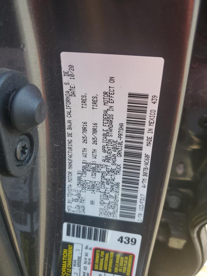 2021 Toyota Tacoma VIN 3TMDZ5BN2MM101606 Copart auction photo, top/roof / side damage thumbnail 14