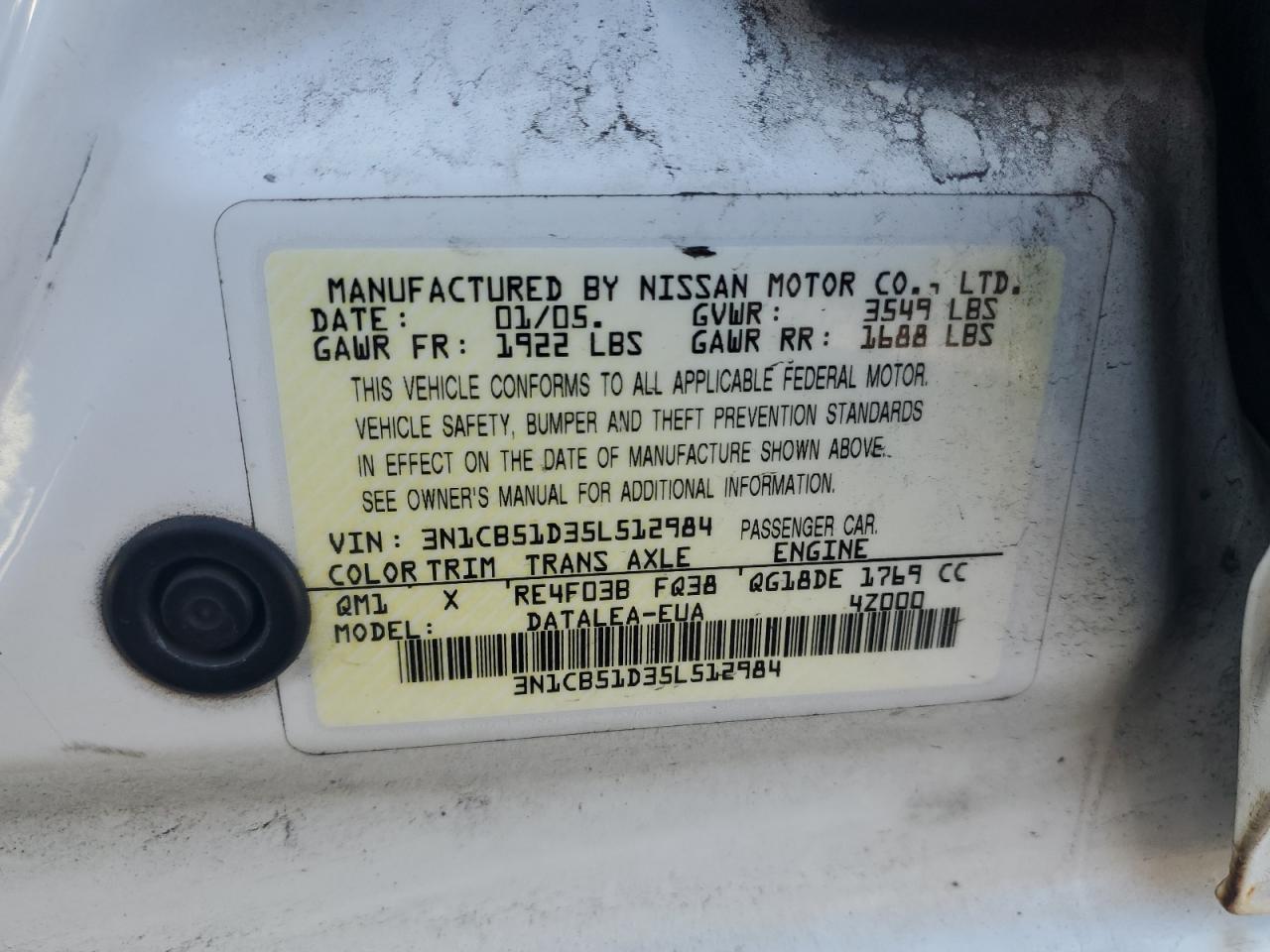 2005 Nissan Sentra VIN 3N1CB51D35L512984 Copart auction photo, rear end / front end damage thumbnail 12