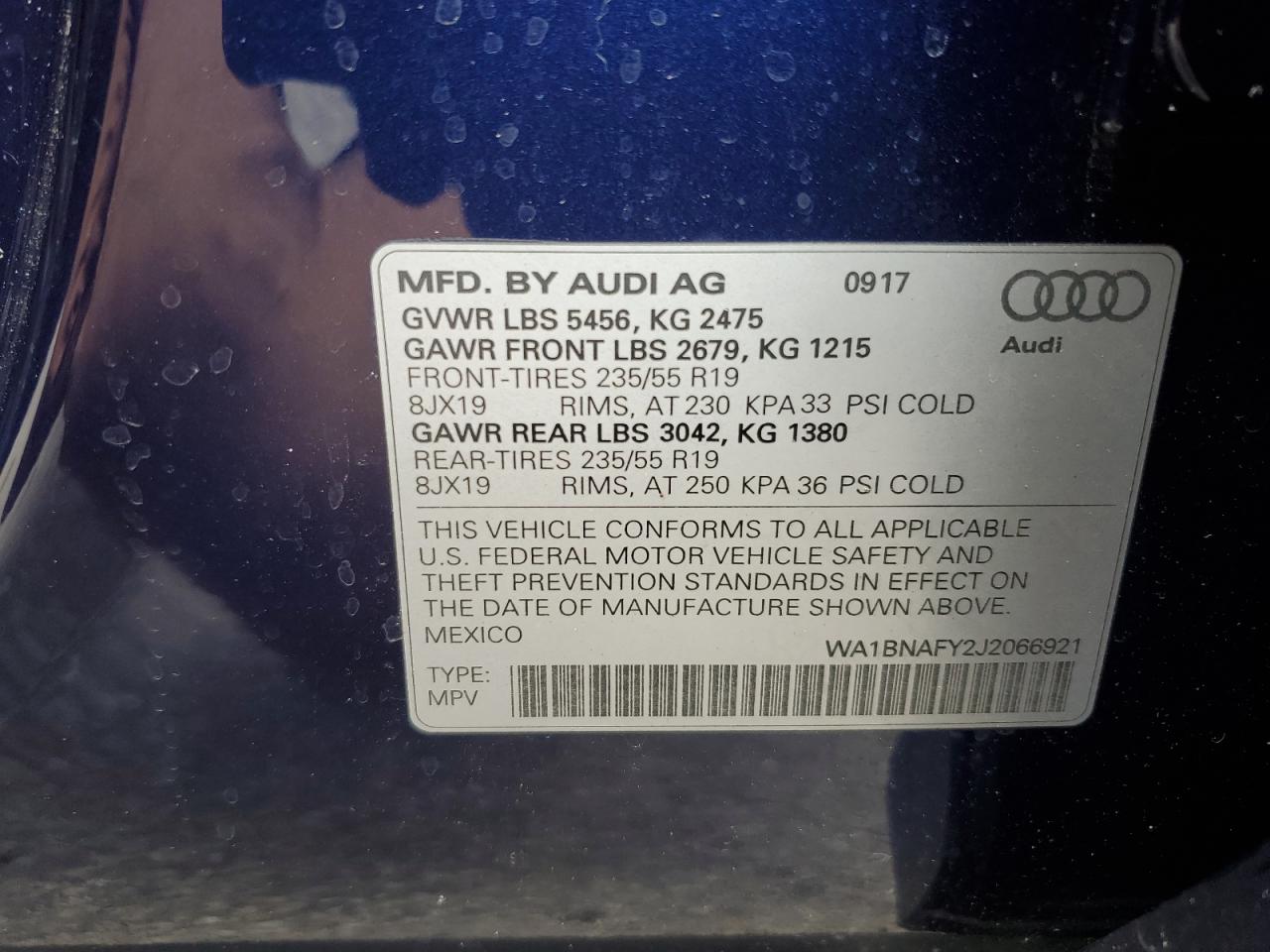 2018 Audi Q5 VIN WA1BNAFY2J2066921 Copart auction photo, front end damage thumbnail 13