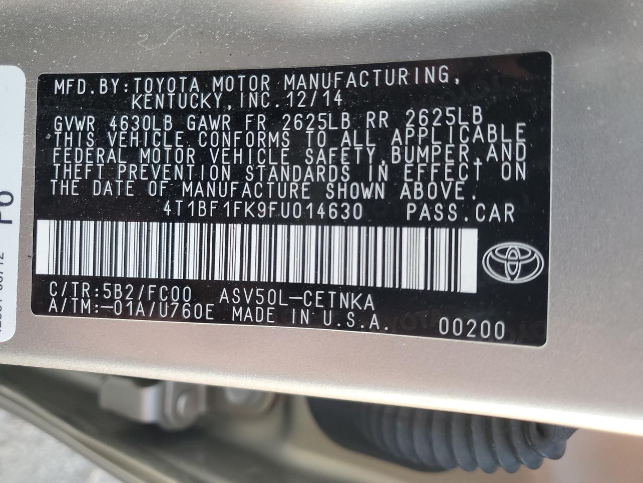 2015 Toyota Camry VIN 4T1BF1FK9FU014630 Copart auction photo, front end damage thumbnail 13