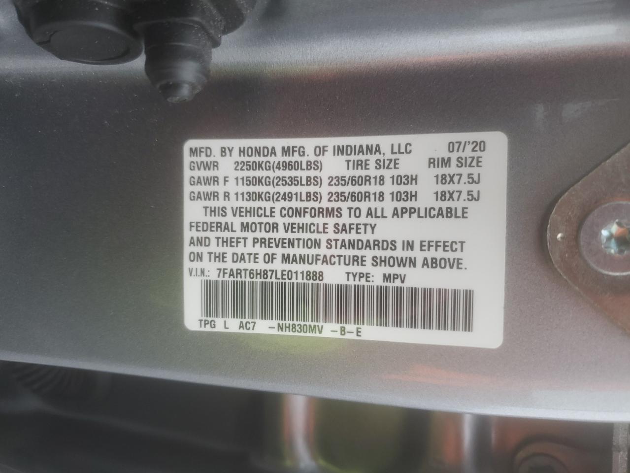 2020 Honda CR-V VIN 7FART6H87LE011888 Copart auction photo, rear end damage thumbnail 15