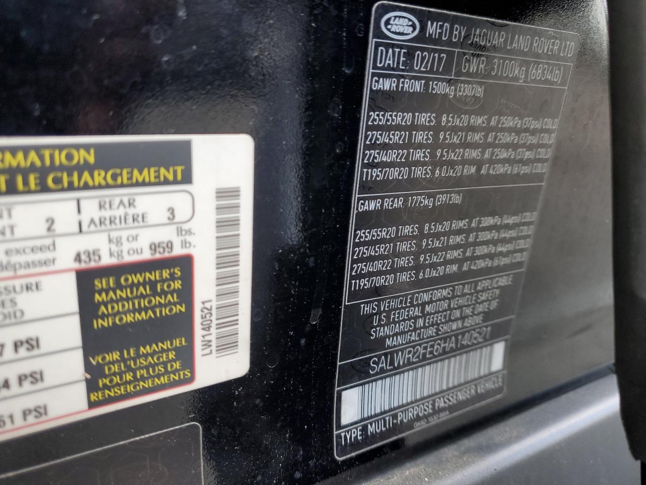 2017 Land Rover Range Rover VIN SALWR2FE6HA140521 Copart auction photo, minor dent/scratches damage thumbnail 13
